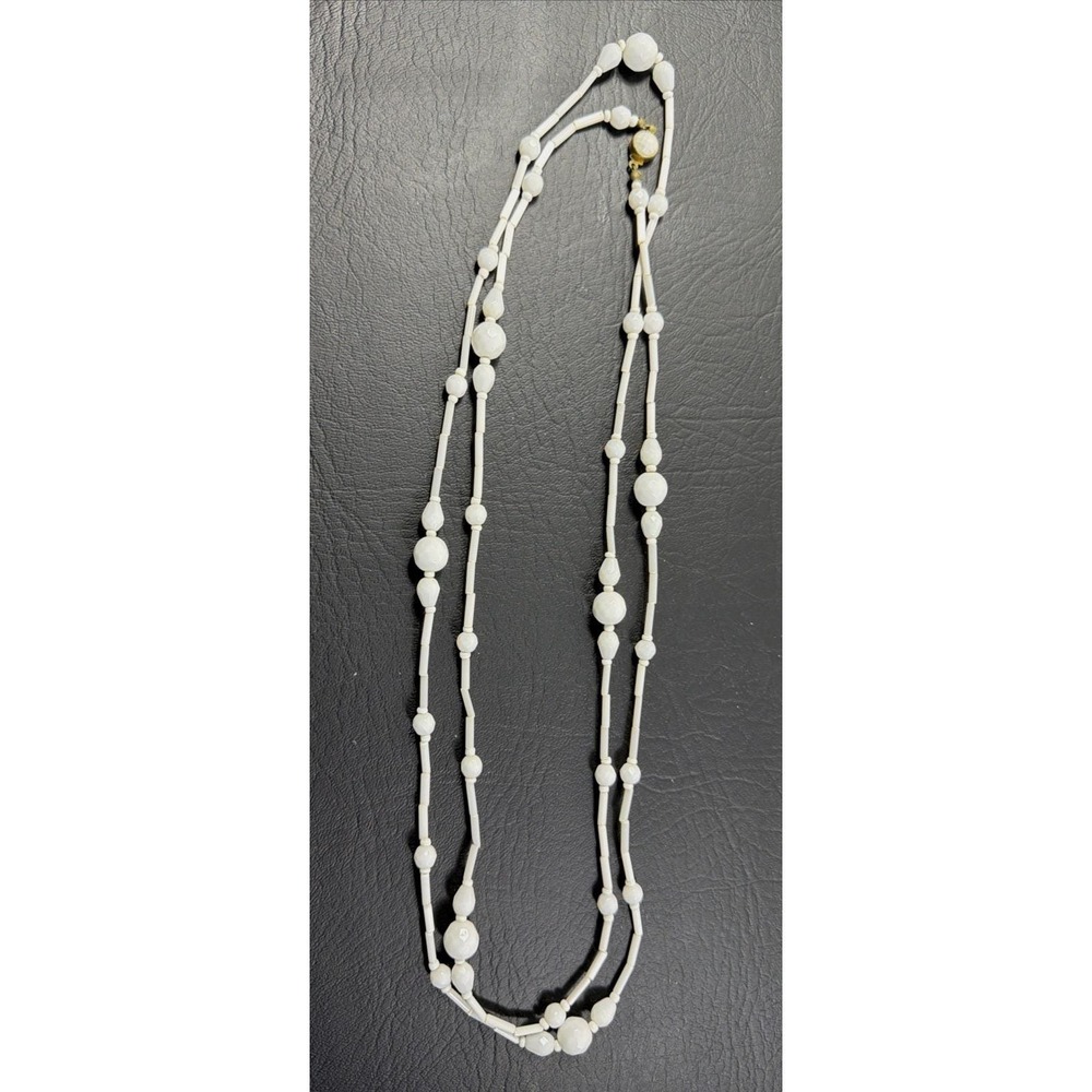 Vintage Mid Century AUSTRIA White Glass Beaded 48" Long Necklace